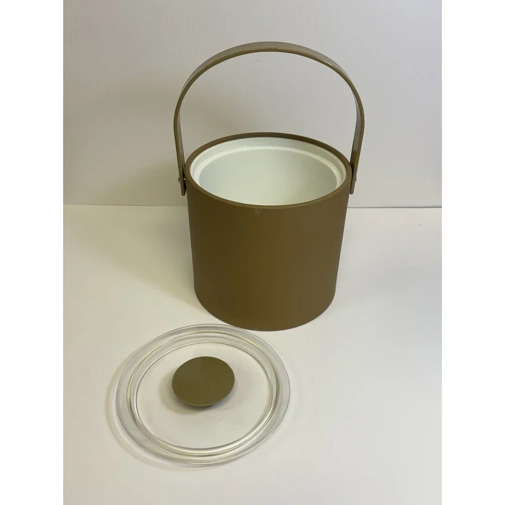 Vintage Signed Georges Briard Tan Ice Bucket ~ Lucite Lid & Handle